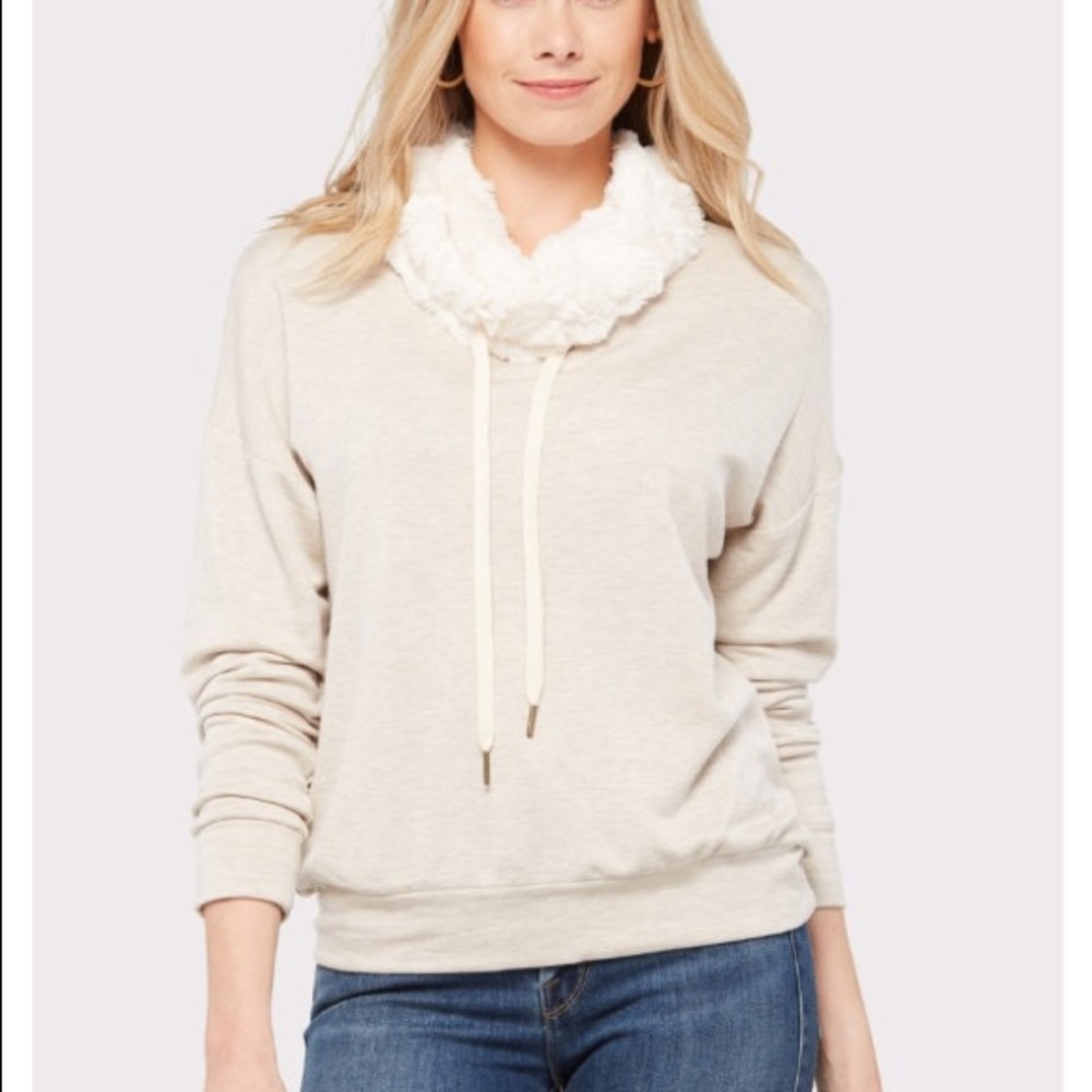 Allison Joy Jordan Pullover Oatmeal Soft Sweatshirt with Faux Fur Collar, Size S